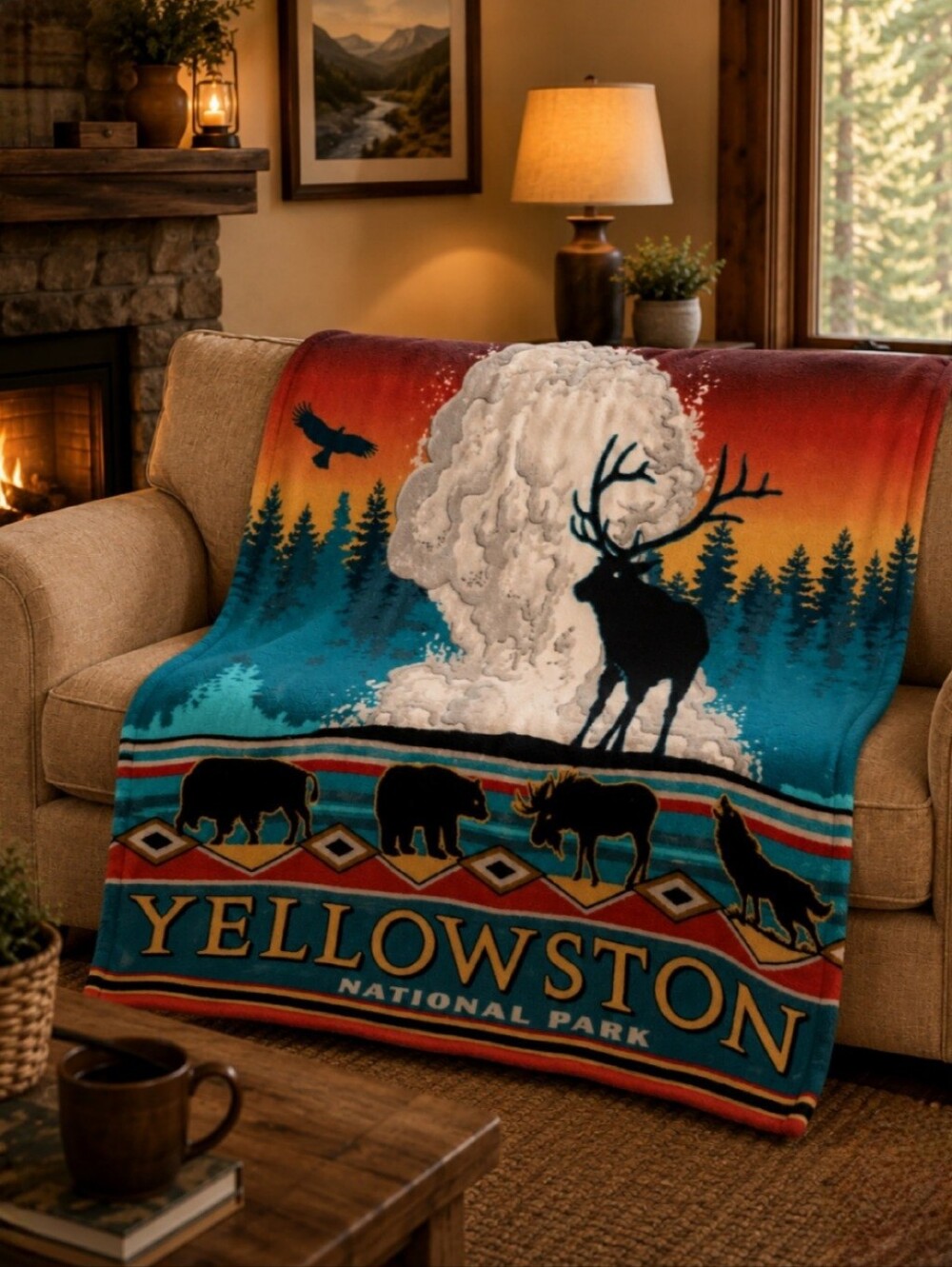 Vintage Yellowstone National Park Fleece Blanket Throw Wildlife Native NEW